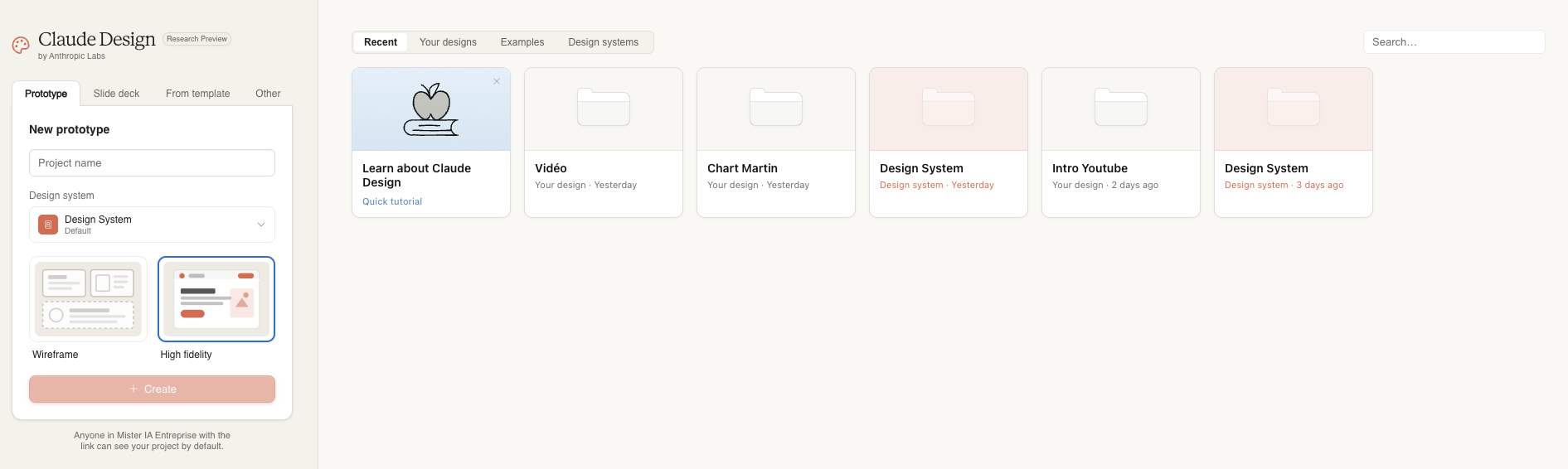 Page d'accueil de Claude Design par Anthropic Labs